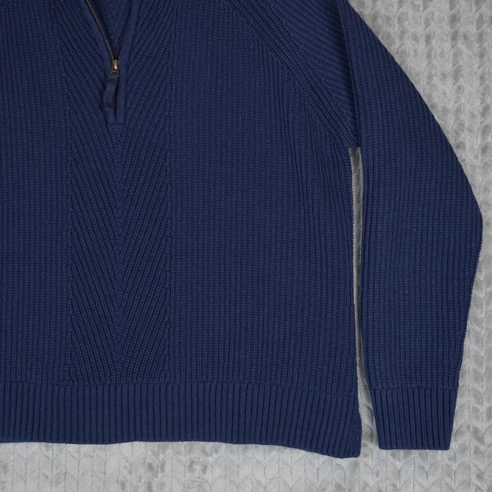 L.L.Bean Quarter Zip Sweater Mens 1X Blue Shaker Knit Chevron Cotton Blend